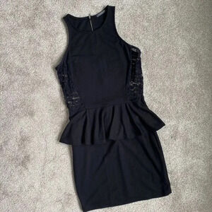 Soprano Peplum Lace Side Black Mini Dress Exposed Zipper Size M